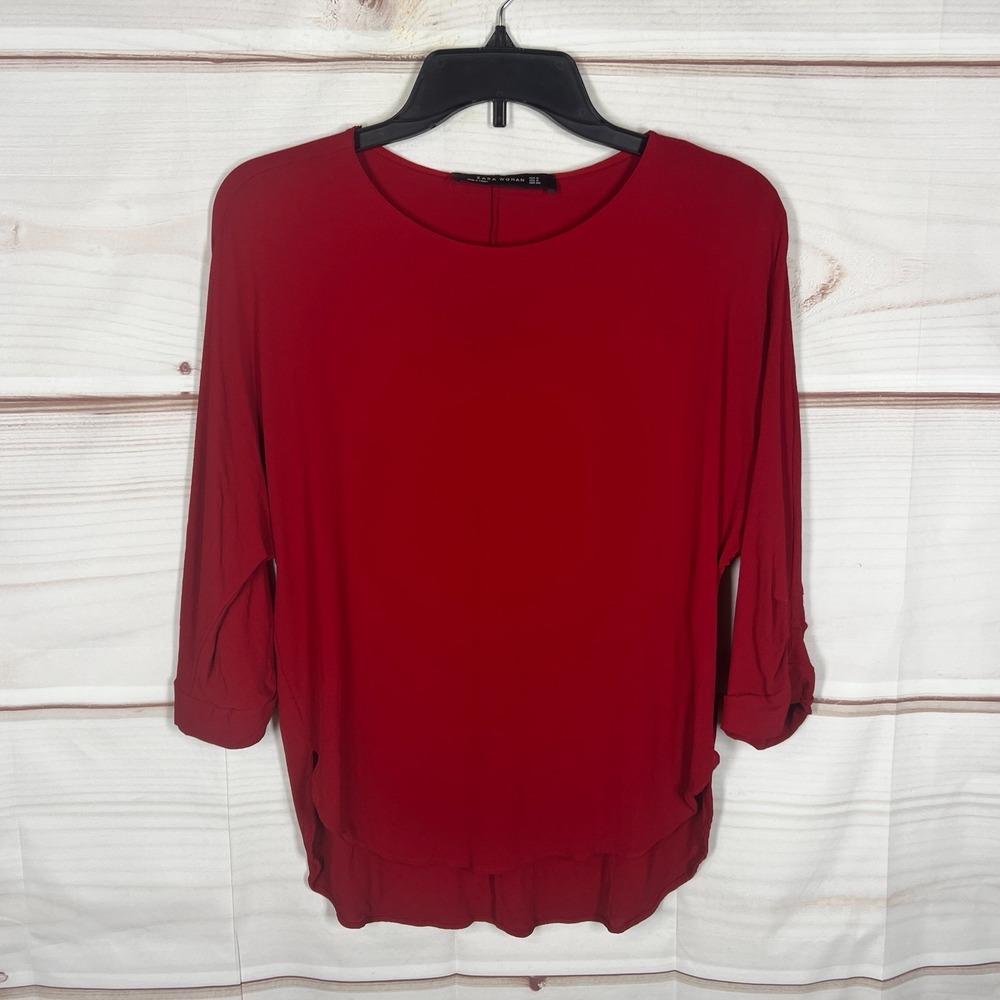 Zara Top Womens Small Red Blouse Dolman Sleeve Round Neck Woven Pullover Solid